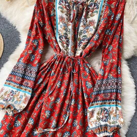Vacation Floral New Western-style Bubble Sleeved Bohemian Lace Up Waist Long Dress Self-cultivation Loose Sexy Novelty High Waist Dress