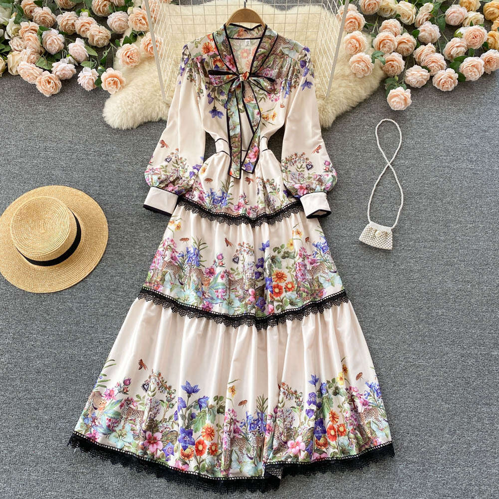 Palace Style Elegant Floral High-end Dress with Tie and Bow, Cinching Waist for Slimming Effect, Lace Over Knee Long Skirt Self-cultivation Lace Dress