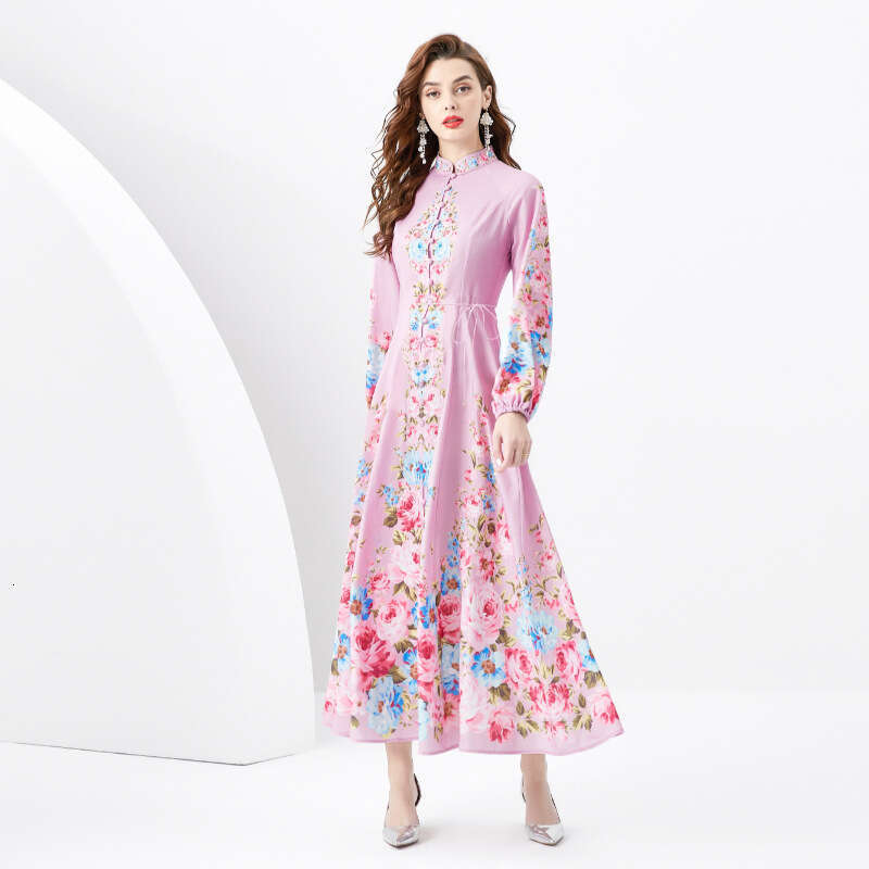 Ladies 2024 Spring/summer - Vacation Style Stand Up Collar Single Breasted Diagonal Cut Print Wide Swing Long Dress Bifurcated Sexy BOHO DRESS Round N
