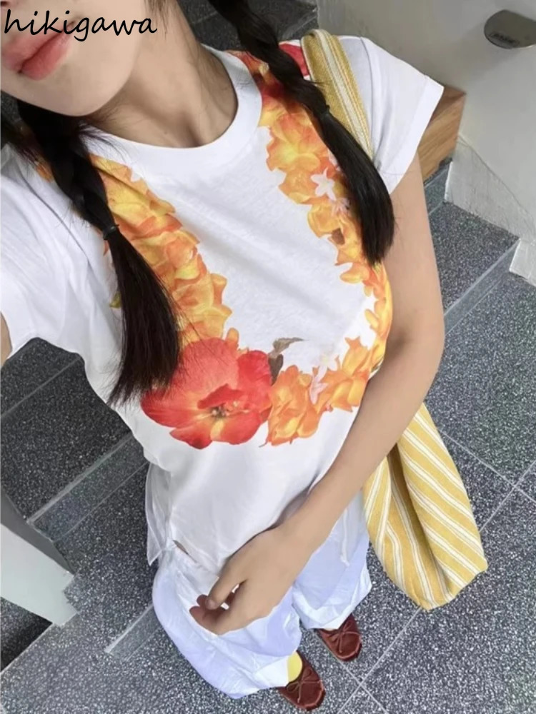 Summer Shirts for Women White T-shirt Y2k Tops Short Sleeve O-neck Print Tees Casual Chic See Throught T Shirts Ropa Mujer 240715