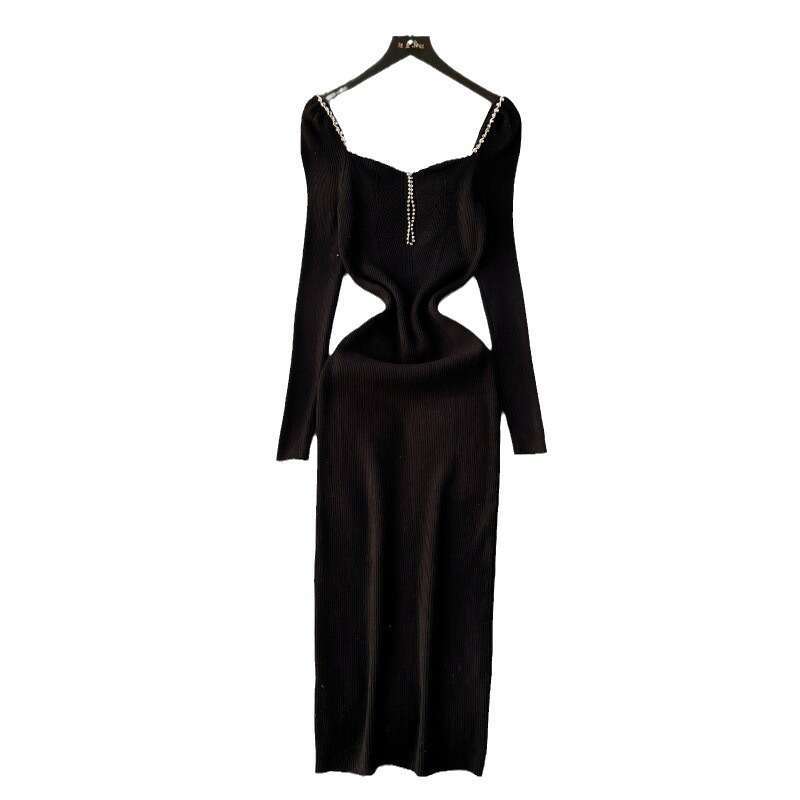 Autumn and Winter Dress with High-end Feel, Heavy-duty Diamond Inlaid Square Neck, Slim Fit, Buttocks Wrapped Skirt, Temperament, Medium Length Knitte