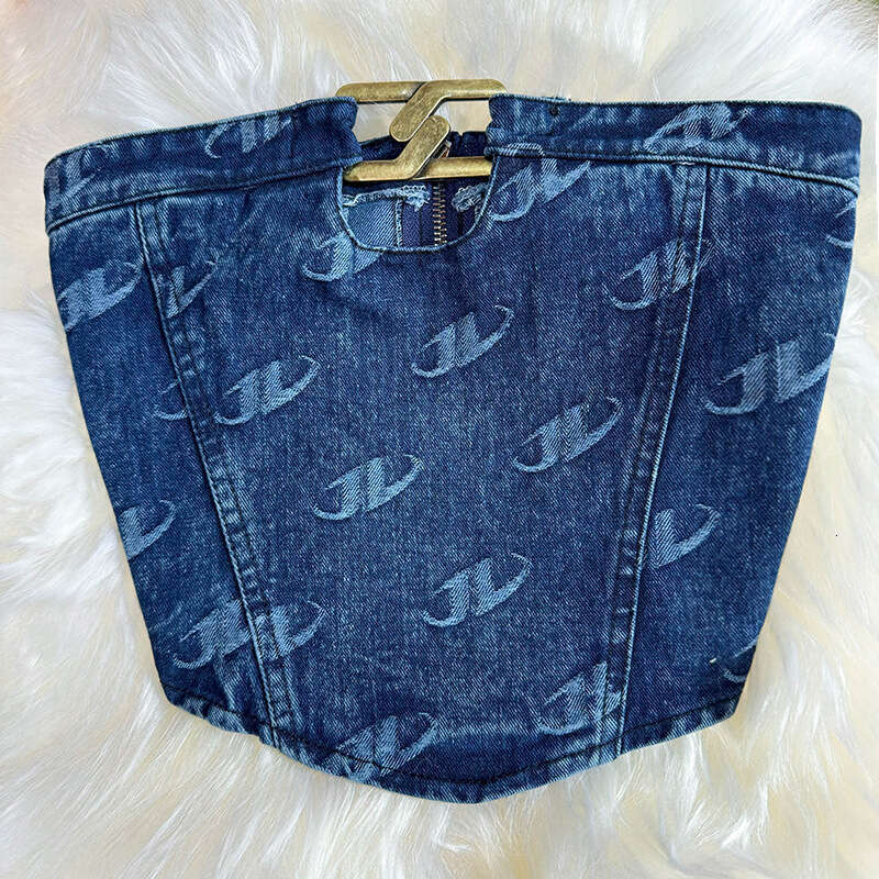 Fashion Womens American Style, Strapless Denim Vest, Two-piece Set, Casual High Waisted Slim Straight Pants Bifurcated Waist Silk Dress Denim Dress