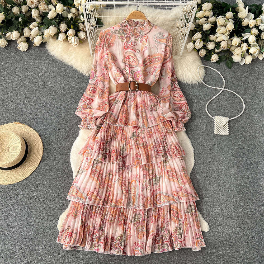 Standing Collar Mesh Sleeved Ruffled Edge Printed Waistband Fluffy Large Hem Dress for Womens Spring and Autumn Lantern Sleeves Cake Long Skirt Oversi