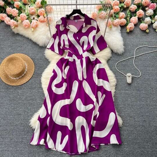 Summer New Tea Break French Style Waist Wrap for Slimming Elegance Short Sleeved Printed Vacation Womens Dress Loose Novelty Sexy Bifurcated Round Nec