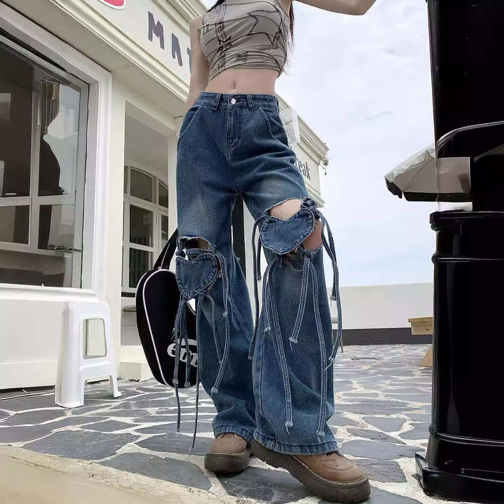 Broken Hole Heart-shaped Strap Jeans for Women in Early Spring, High Waist Design, Loose Straight Wide Leg Pants Gold Velvet Pants Waterproof Trousers
