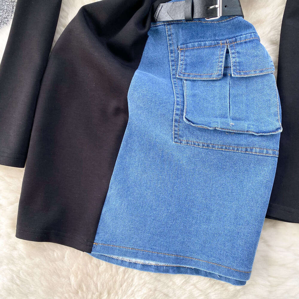 2024 Spring Womens Fashion Design Sensation Contrast Color Splicing, Small and Slim Fit Short Denim Wrap Hip Skirt Dress Temperament Loose BOHO DRESS