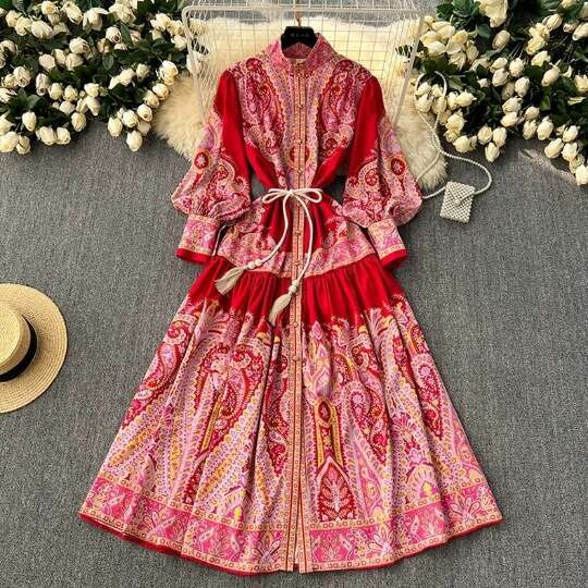 New Elegant and Ethnic Style Standing Neck with Single Breasted Waist for Slimming Print French Long Womens Dress Temperament Sexy Denim Dress BOHO DR