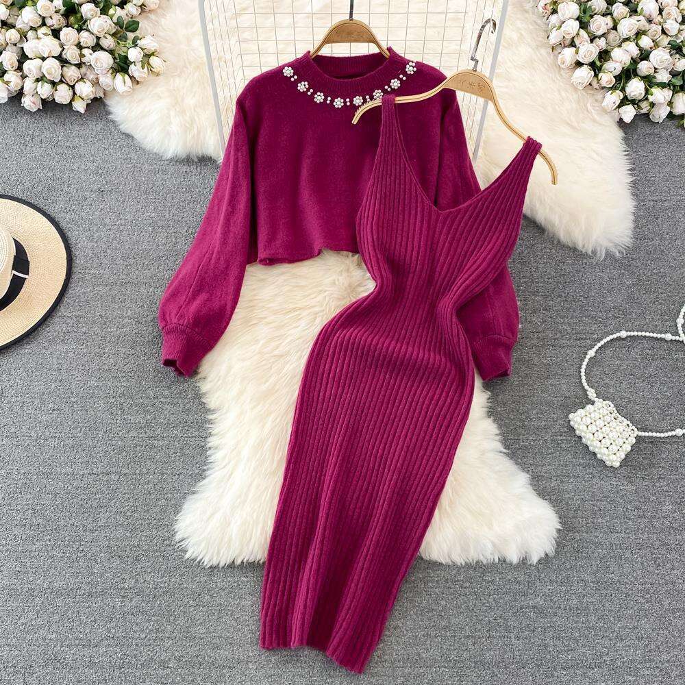 Socialite Temperament Round Neck Nail Bead High Waist Short Exposed Belly Button Sweater Two-piece Set Spicy Girl Knitted Vest Dress Sexy Short High W