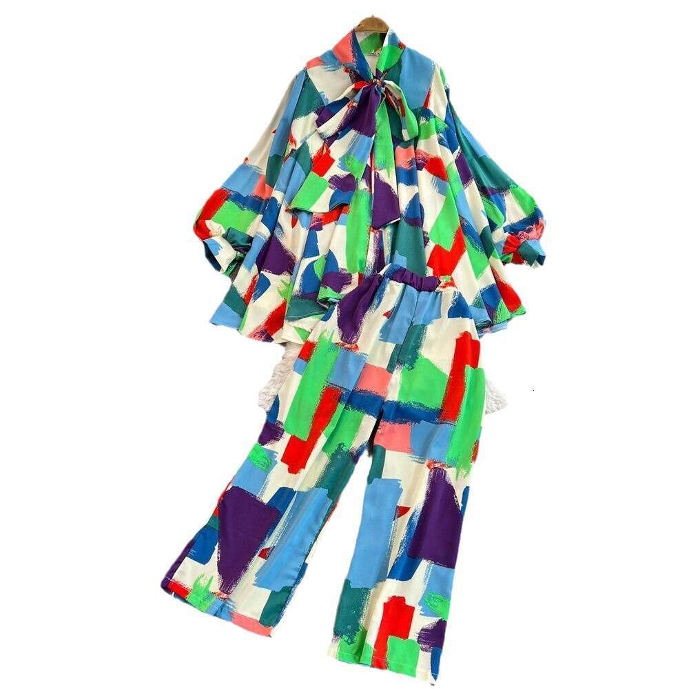 Fashion Womens Korean Version Lantern Long Sleeved Bow Tie Loose Printed Shirt Two-piece Set with High Waisted Wide Leg Pants Round Neck Dress High Wa
