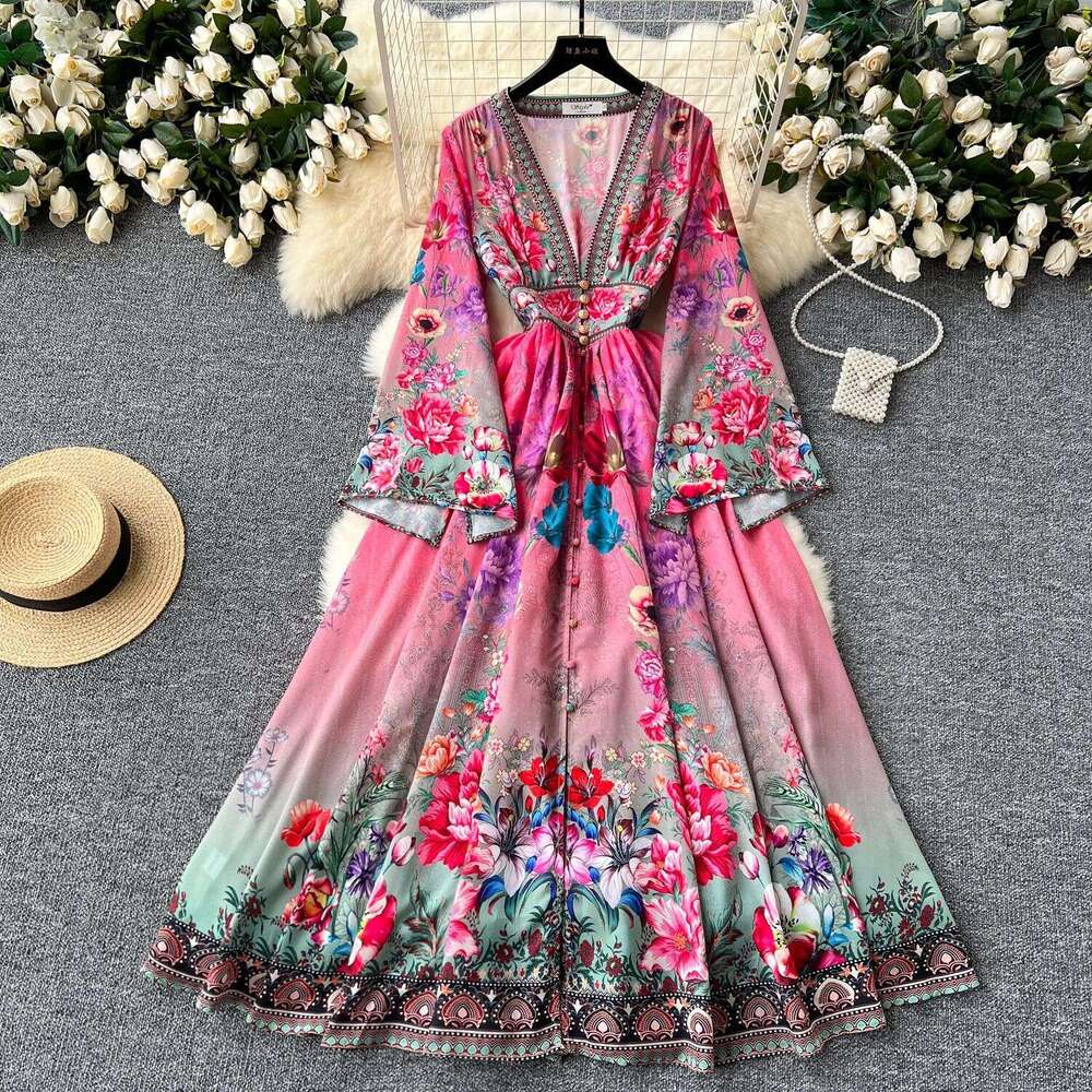Palace Loudspeaker Long Sleeved High Waist Womens Deep V-neck Single Breasted Slimming Large Hem Printed Dress Floral Dress Temperament Novelty Oversi