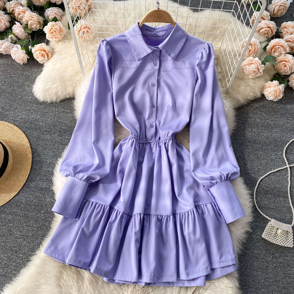 Solid Color, Simple Bubble Sleeves, Temperament, Waist Cinching, Slimming Shirt Skirt, Small Stature, Fashionable and Stylish, Pleated Dress BOHO DRES