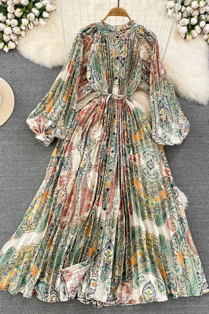 Dresses For Women Floral Lantern Sleeve Dress Womens Printed Chiffon Loose Vestidos Femininos Elegante Korean Fashion Dropship 240712