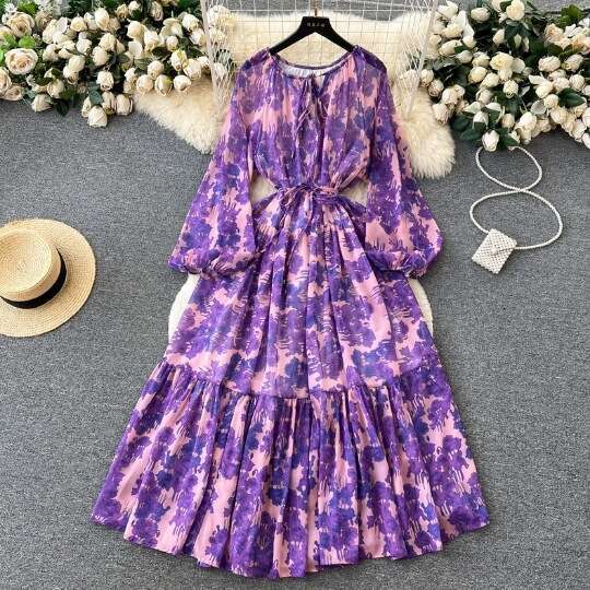 Romantic Floral Dress for Women in Autumn with Lantern Sleeve Strap Design, Exuding A Sense of Elegance and Sophistication Round Neck Dress High Waist