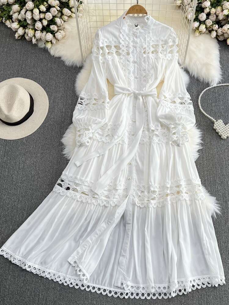 Palace Style Lantern Long Sleeved Stand Up Collar with Waistband Hollowed Out Single Breasted Elegant Dress Waist Self-cultivation Short Loose BOHO DR