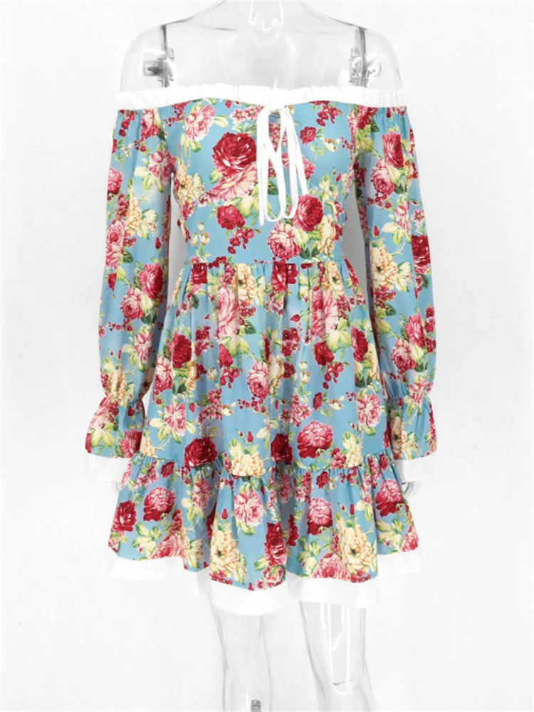 Tossy Ruffled Printed LaceUp Mini Dress Womens VNeck Patchwork High Waist Bandage Fashion Backless Ladies Summer 240712