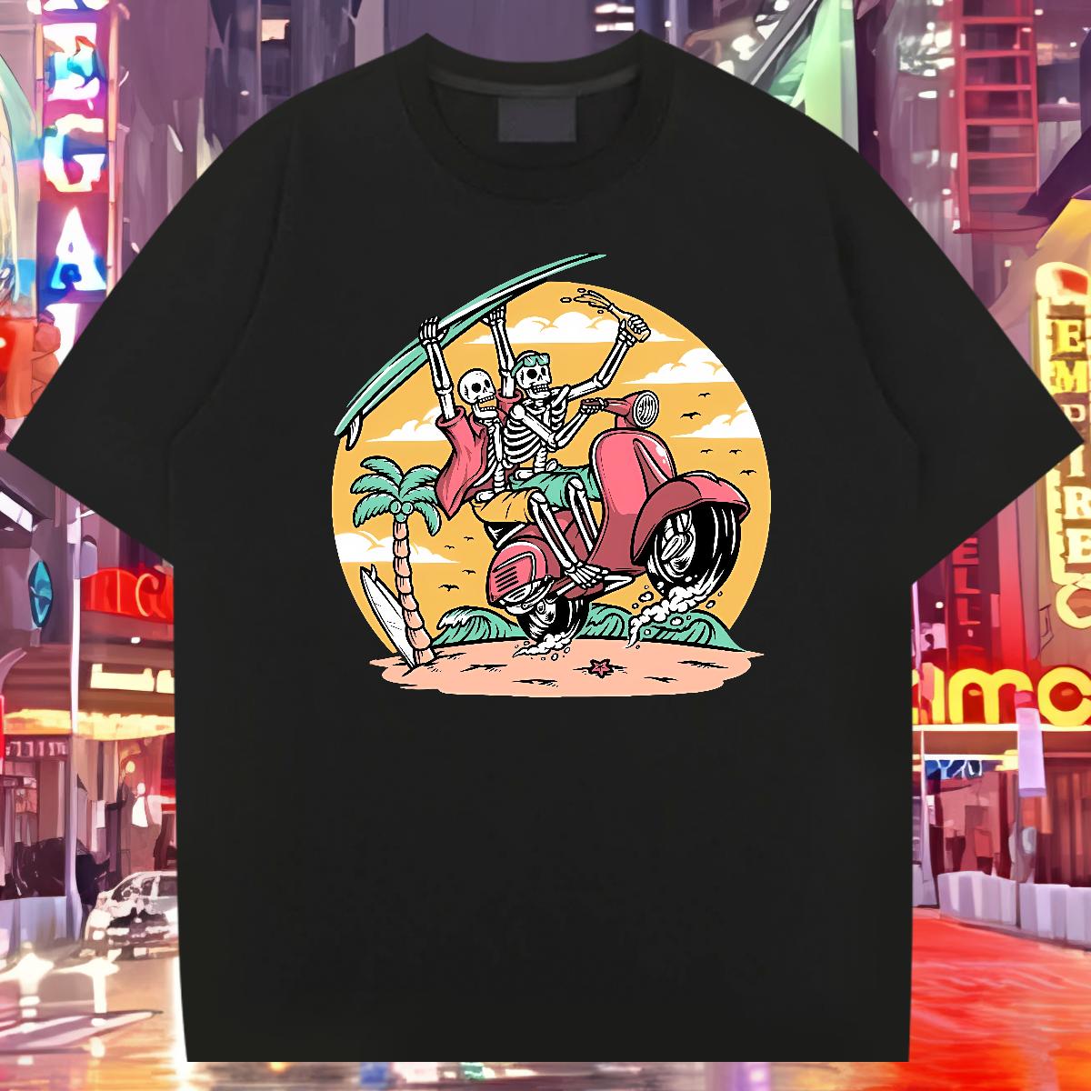 Designer T Shirts Men Skeleton 100% Cotton 230g Summer Casual Cotton O Neck Short Sleeves Mens Tshirts Fashion Designer DIY Logo Oversized Clothes