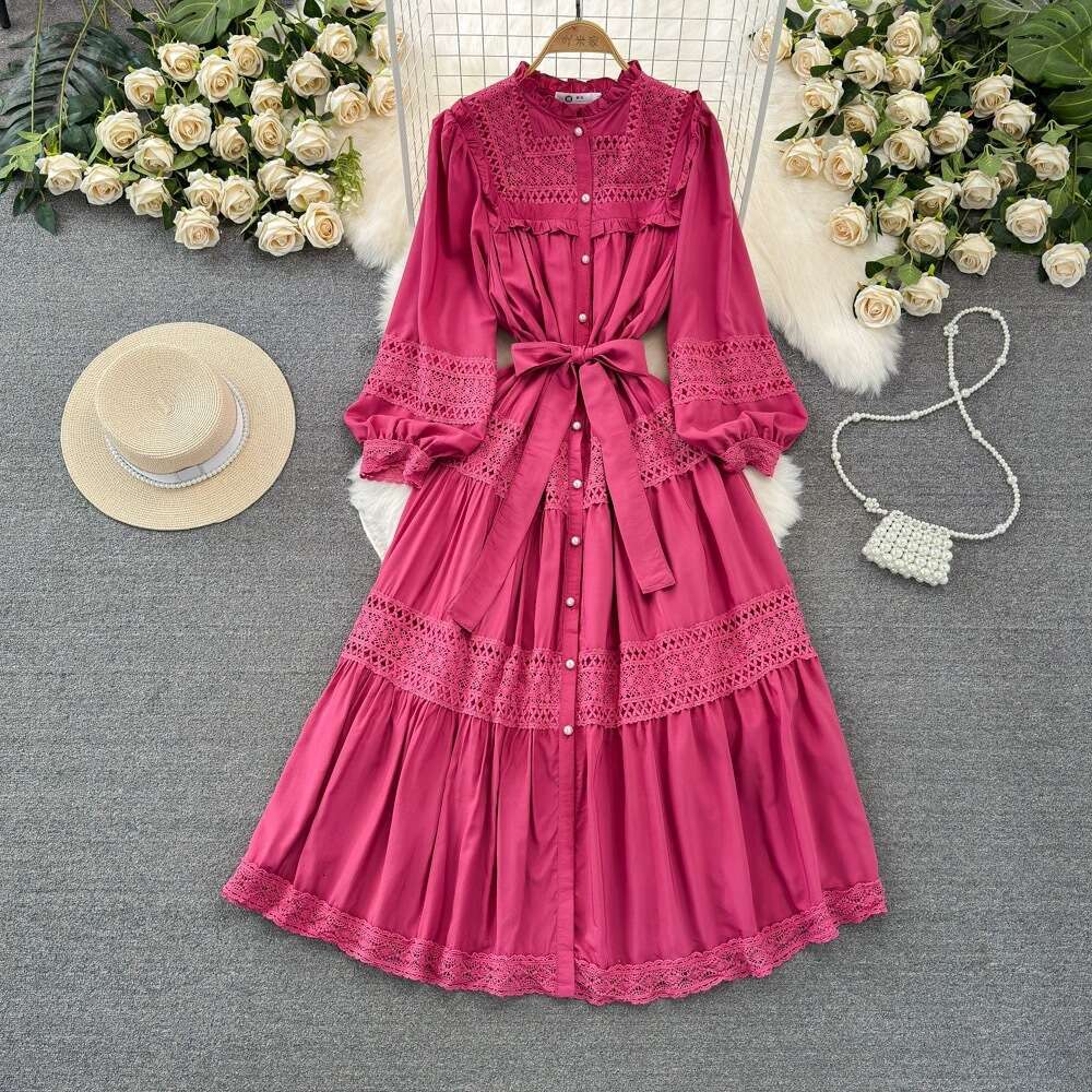 High End, Light Luxury, Socialite Temperament, Lantern Sleeves, Long Sleeved Stand Up Collar, Waist Cinched, Slim A-line Hollow Dress Silk Dress