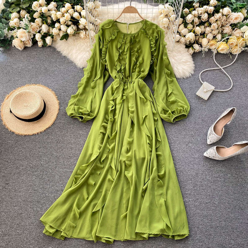 Fairy Gentle Style 2020 New Autumn/winter Design Sweet Auricular Edge Bubble Sleeves Holiday Long Dress Temperament Sexy Round Neck Dress Silk Dress