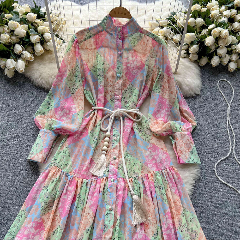 Spring and Autumn Seasons Thin Sleeved Standing Neck High End Printed Chiffon Womens Loose Lace Up Waist Holiday Long Dress Self-cultivation Silk Dres