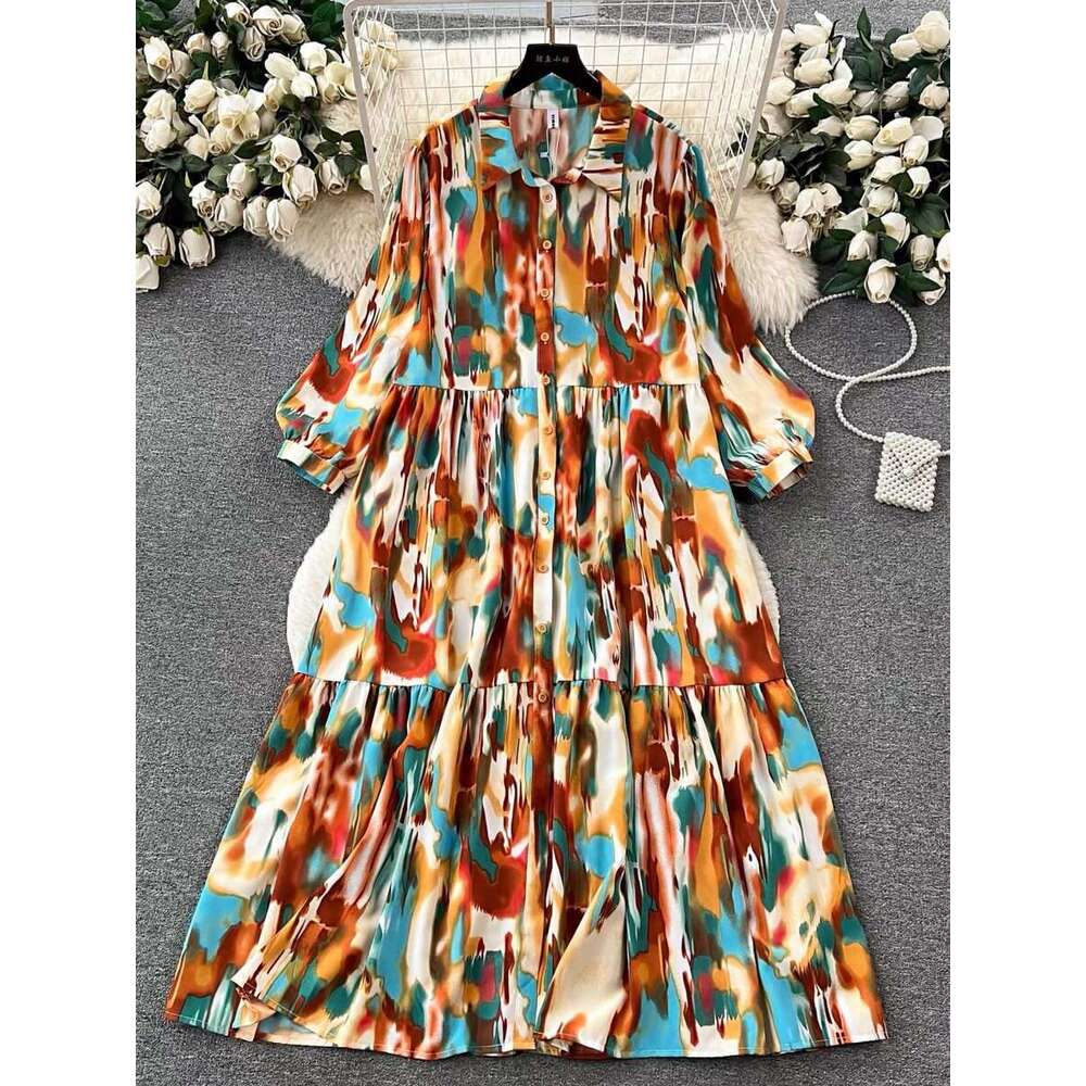Small High-end Feeling Halo Dyed Printed Dress for Women, Lazy, Casual, Loose and Slimming A-line Large Hem Shirt Skirt Pregnant Womens Dress SKINNY D