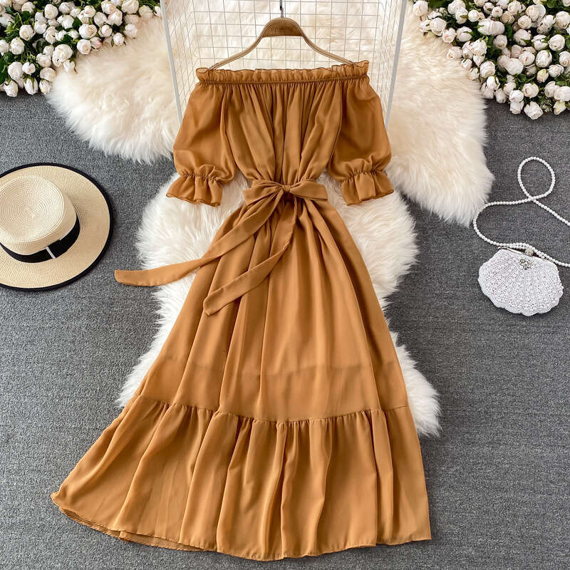 Vacation Beach Skirt Fashionable Sexy Off the Shoulder and Elegant Style Large Swing Long Dress Self-cultivation Novelty Pregnant Womens Dress Oversiz