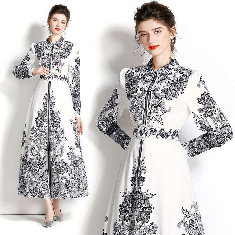 Spring and Autumn Long Sleeved Palace Single Door Lapel Lantern Sleeve Printed Skirt Dress Style Sexy Temperament Bifurcated Waist Round Neck Dress La