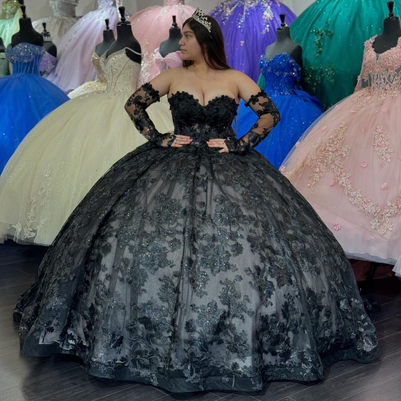 Black Shiny Quinceanera Dresses Ball Gown Off The Shoulder Beading Appliques Lace Tull Corset Sweet 16 Vestidos De 15 Anos