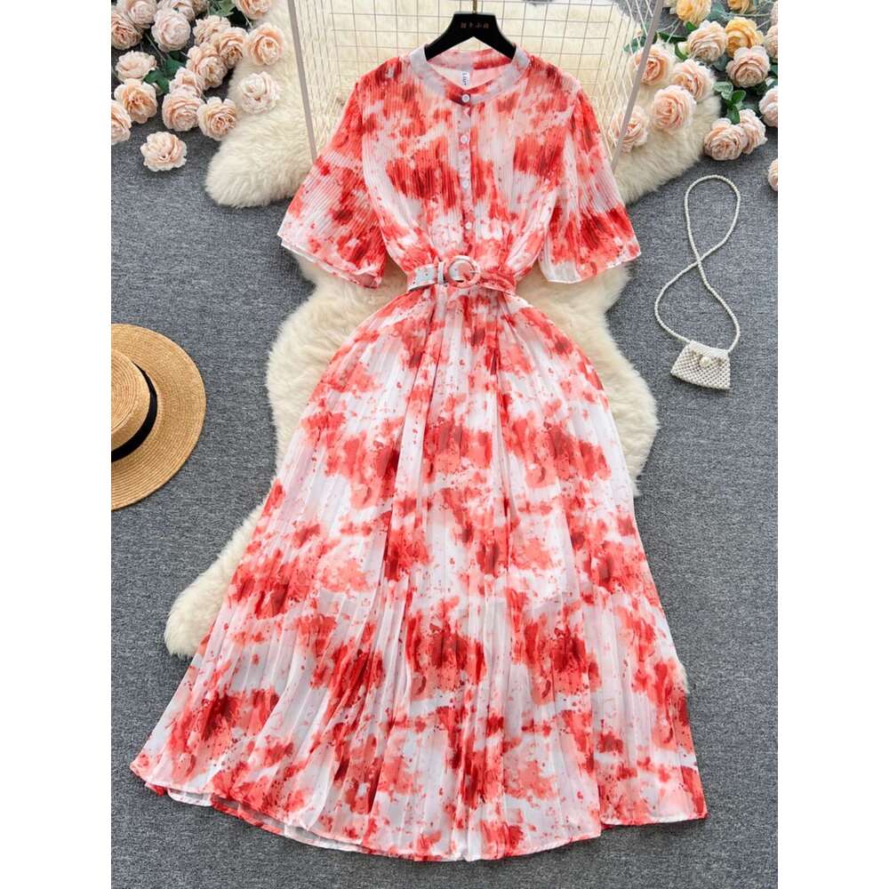 Light Luxury Elegant Round Neck Short Sleeved Halo Dyed Chiffon Dress for Women in Summer, with Slim Waist and A Large Hem Long Skirt Pregnant Womens 