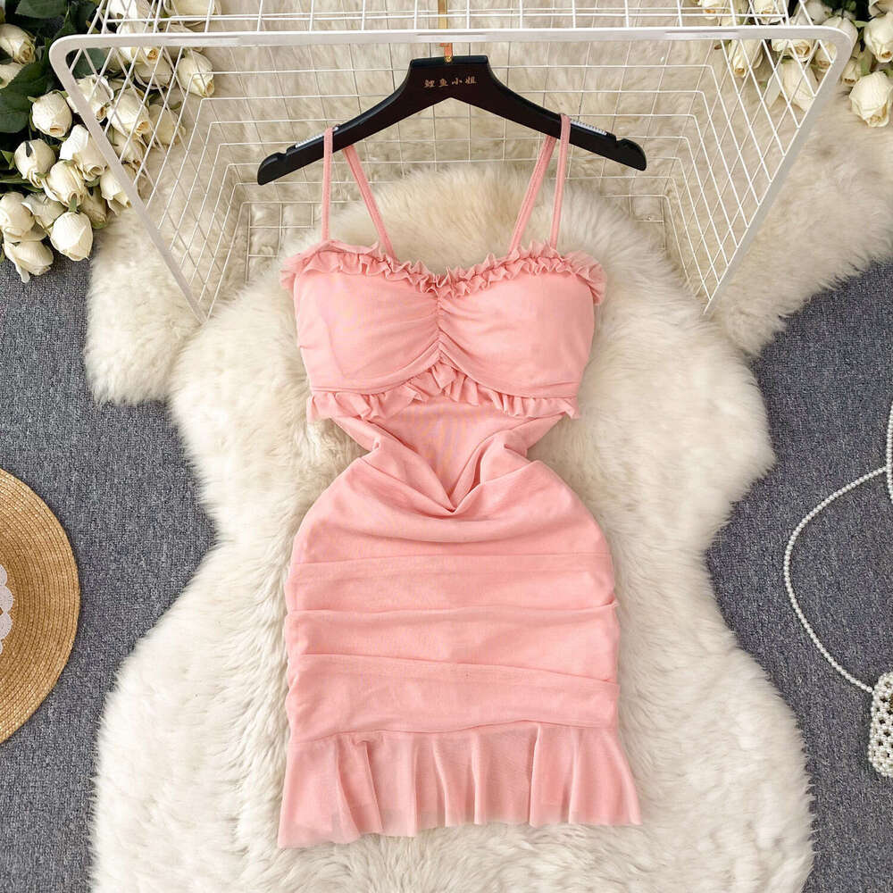 Wind Camisole Dress, Sexy and Feminine, Mesh Wrapped Buttocks Skirt, Pure Desire, Spicy Girl Slim Fit, Ruffled Edge Short Skirt Round Neck Dress Overs