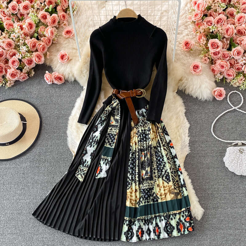 Autumn and Winter French Printed Patchwork Fake Two-piece Skirt with Waist Cinched Stand Up Collar Knitted Sweater Pleated Dress Temperament Sexy Deni