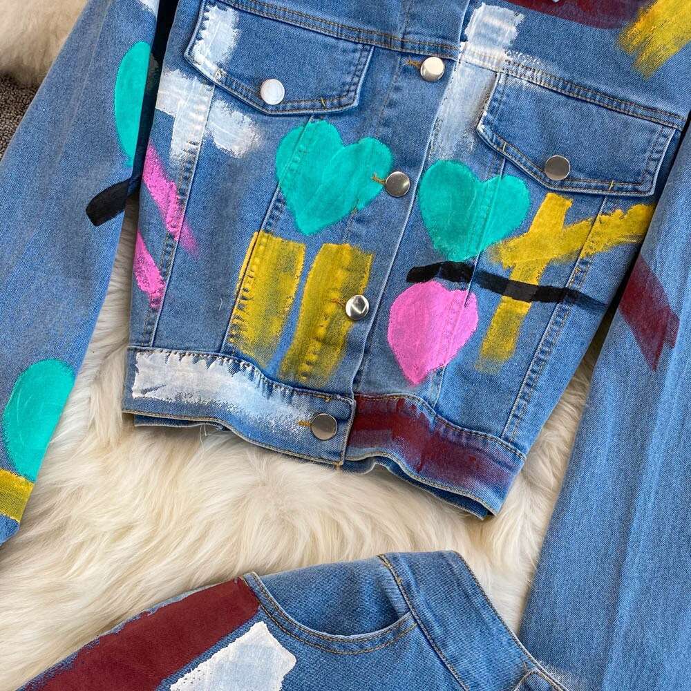Fashion Womens Hong Kong Style Temperament Graffiti Denim Two-piece Set High Waisted A-line Split Skirt Autumn Self-cultivation Waist Lace Dress Denim