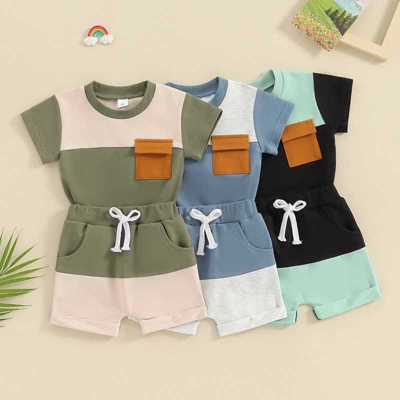 Clothing Sets Toddler Boy Summer Clothes Baby Clothing Sets Contrast Color Short Sleeve Pocket T-Shirt with Elastic Waist Shorts 2Pcs Outfit