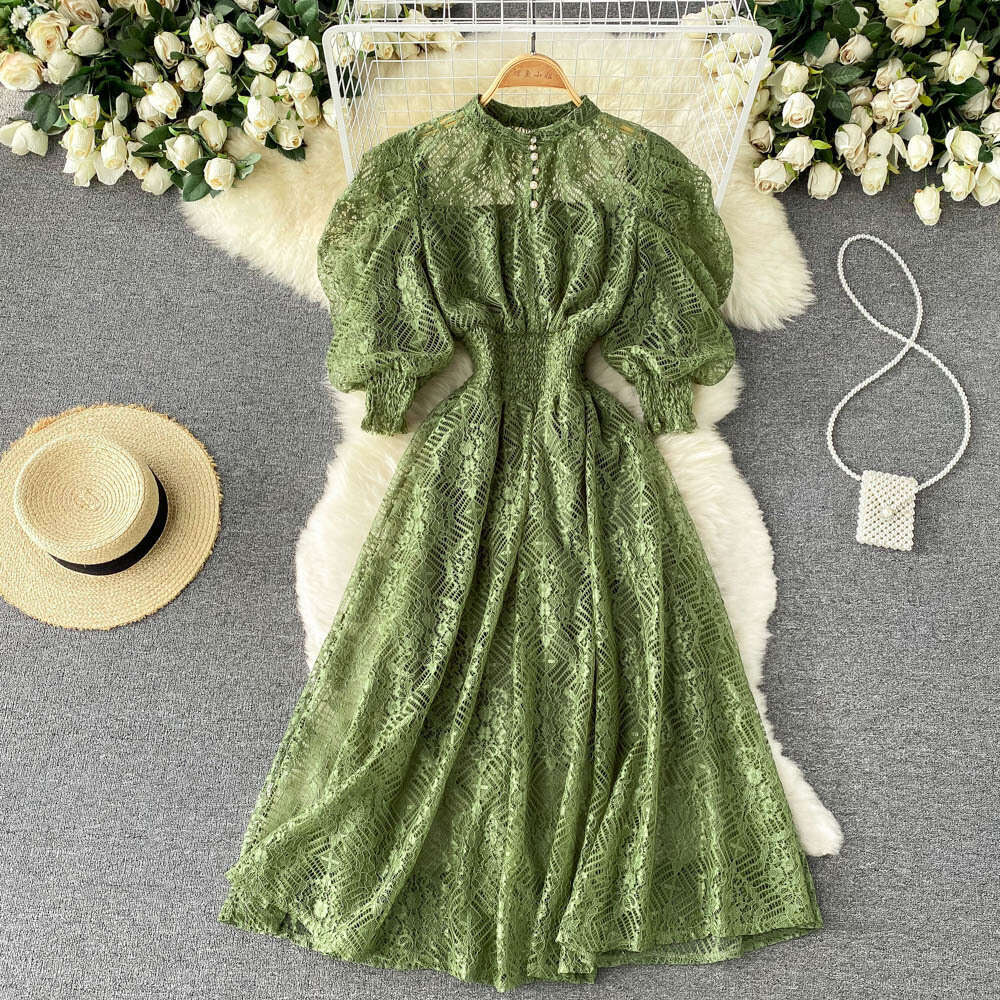 Court Elegant Lace Feminine Style Standing Neck Waist Slim Bubble Sleeves Luxury Feeling Over Knee Long Dress Sexy Dress Short Self-cultivation Silk D