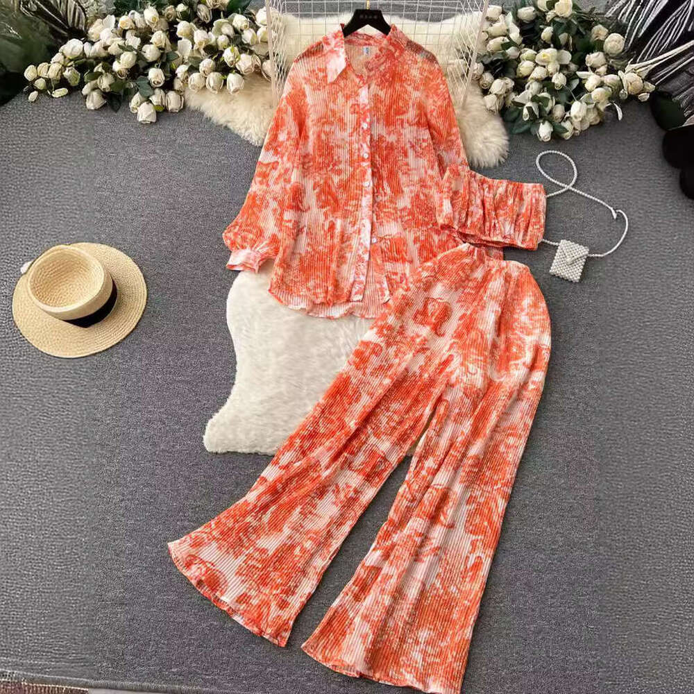 Dopamine Sister Pure Desire Fashion Set Women's Spring/summer Loose Pleated Shirt+bra+draping High Waist Pants Long Summer Dress Novelty Waist Ov