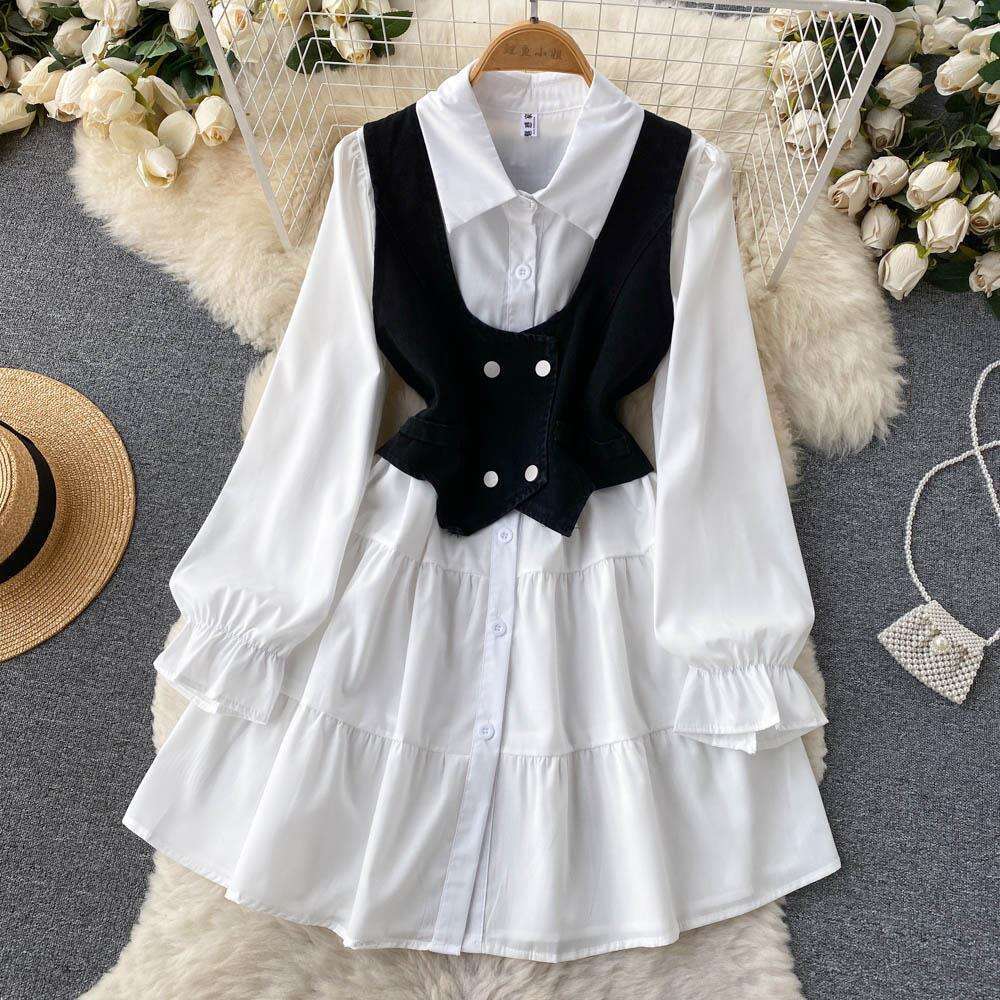 Sensational Temperament: White Shirt, Dress, Summer Womens Clothing, Short Denim, Vest, Top, Two Sets Autumn Dress Women Bifurcated Sexy Pregnant Wome