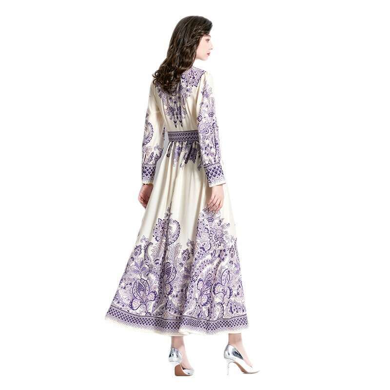 Hot Selling Spring/summer 2023 Womens Palace Vacation Style Stand Up Collar Lantern Sleeves Long Printed Dress Sexy Temperament Round Neck Dress SKINN