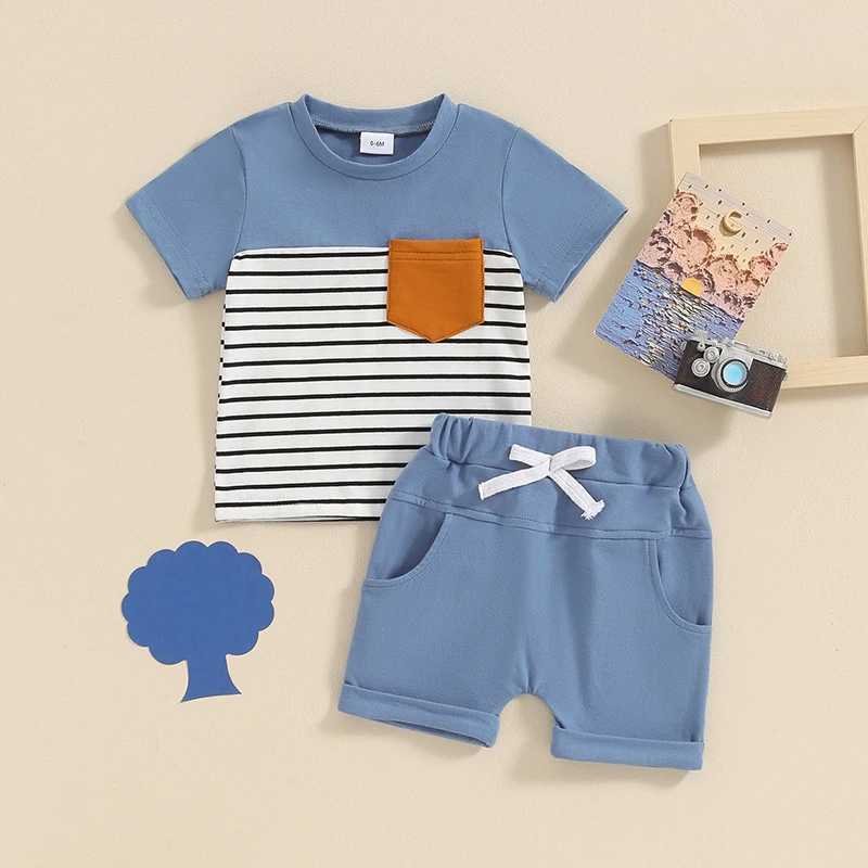 Clothing Sets 0-3Y Casual Toddler Baby Boys Summer Clothes Sets Stripe Print Short Sleeve Pocket T-Shirt Tops and Elastic Shorts Set