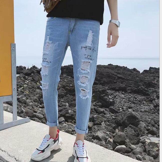 Designer's new men's jeans, Korean slim straight leg pants, classic ripped jeans