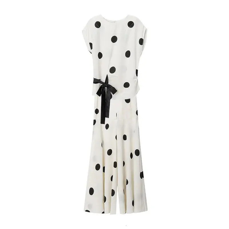 Womens Chiffon Sport Suit 2024 Summer Fashion Polka Dot Wide Leg Pants Crop Tops Two Piece Set For Women Plus Size Clothing 240716