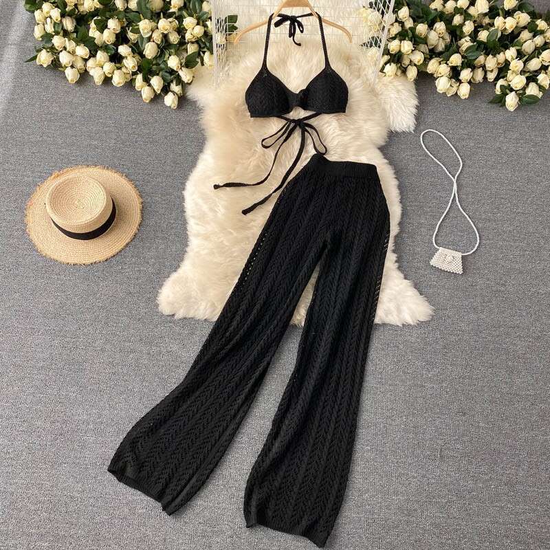 Seaside Hot Spring Resort Set Womens Summer Sexy Bikini Strap Hanging Neck Design with Hollow Knitted Wide Leg Pants Pregnant Womens Dress BOHO DRESS