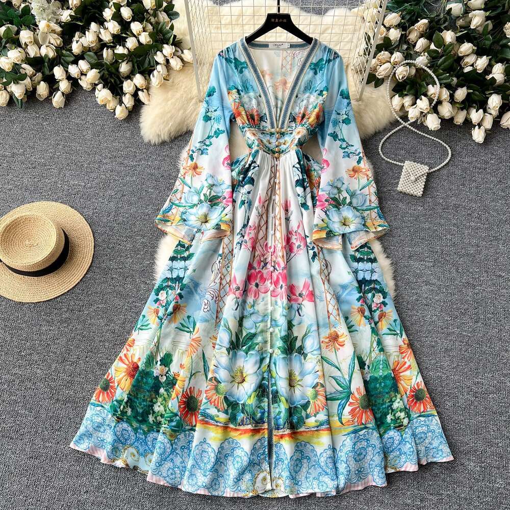 Palace Loudspeaker Long Sleeved High Waist Womens Deep V-neck Single Breasted Slimming Large Hem Printed Dress Floral Dress Temperament Novelty Oversi