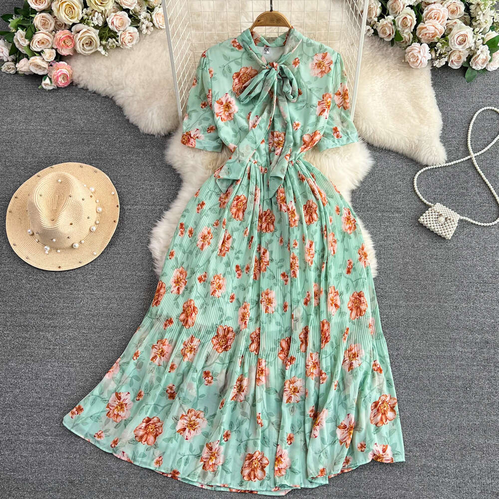 French First Love Sweet Short Sleeved Bowtie Tie Waist Slimming Mid Length A-line Pleated Flower Dress Waist Short Loose Temperament Pregnant Womens D