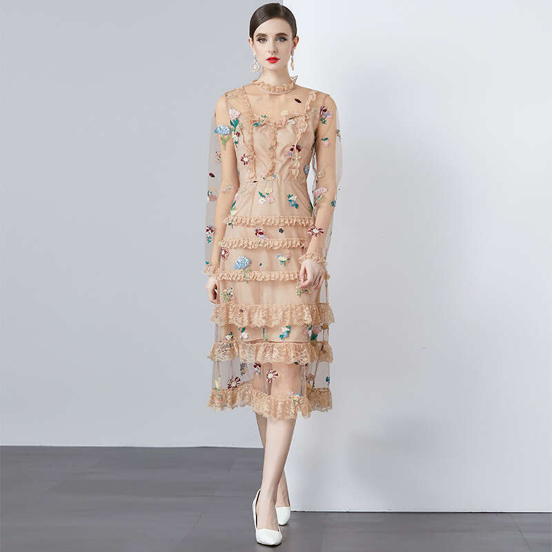 Palace Style in 2024, New Sweet Lace and Wood Ear Trim Slim Fit Fairy Dress for Women Polka Point Chiffon Long Sleeve Dress Short Temperament BOHO DRE