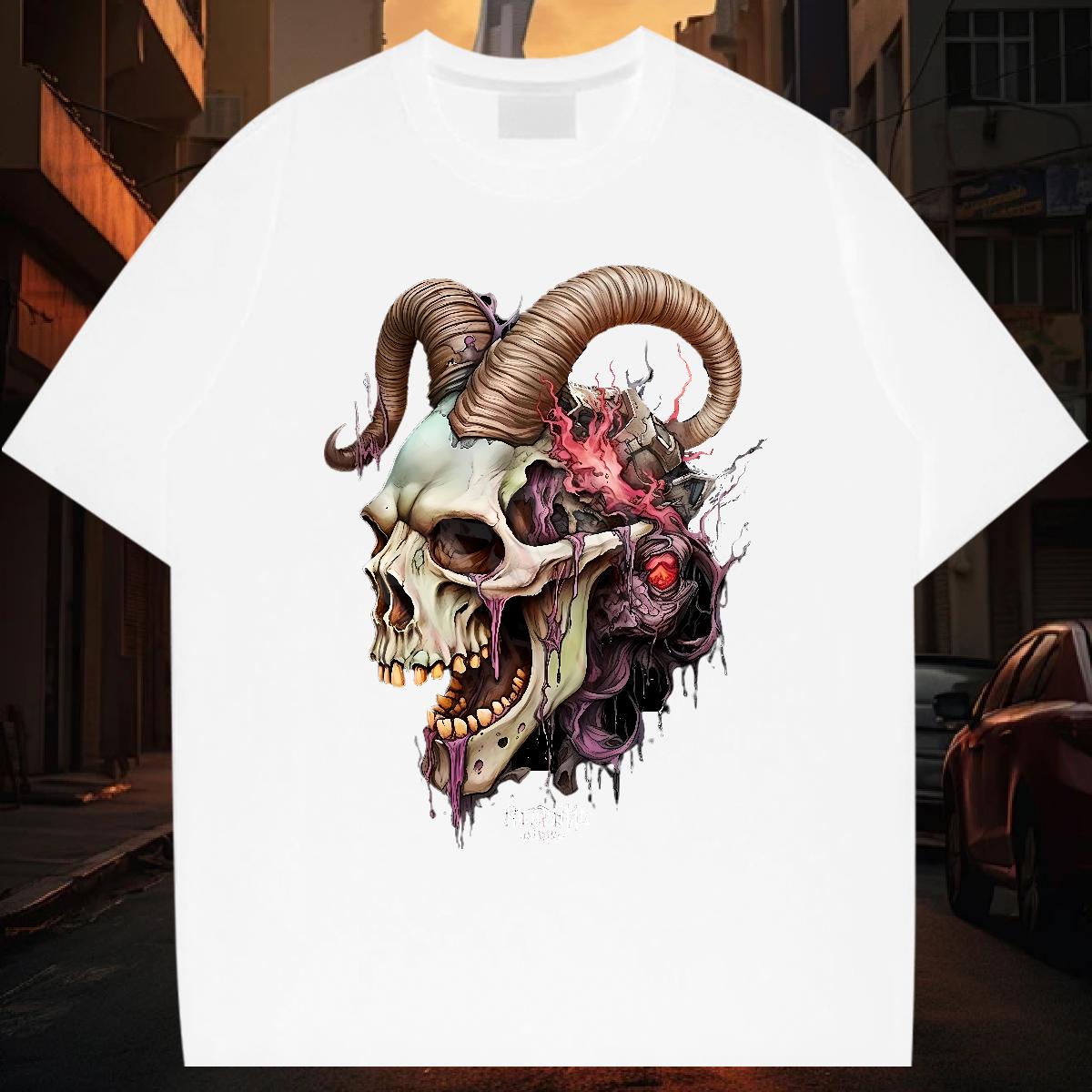 2024 T Shirts Men Skeleton 230g Cotton DIY Printed Men Clothes T-Shirt Street Casual Breathable Crew Neck Cotton Soft Tees Shirts