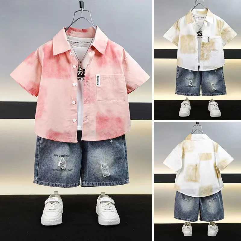 Clothing Sets Boys Short sleeved Shirt Set 2024 New Childrens Summer Top Baby Top Denim Shorts Boys Summer Shirt Two piece Set