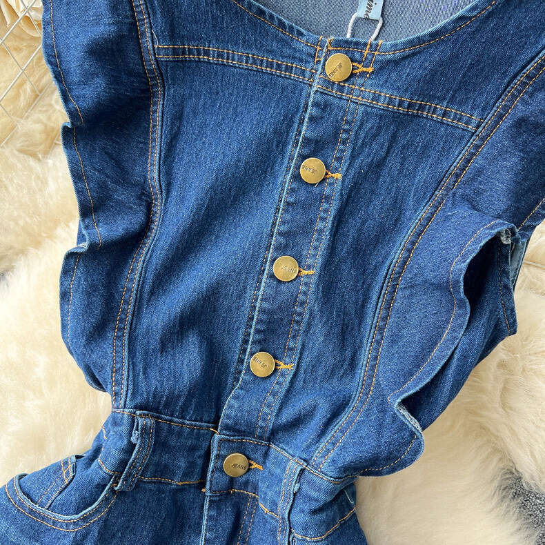 French Hepburn Style Denim Dress, Summer Waist Down, Slimming Temperament, Niche Design, Unique Long Skirt Chiffon Floral Dress Novelty Loose Silk Dre