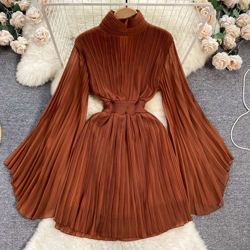 High End Pleated Flared Sleeves High Necked Dress for Womens Spring/summer French Light Luxury, Niche Design, Waist Cinching Chiffon Skirt Silk Dress
