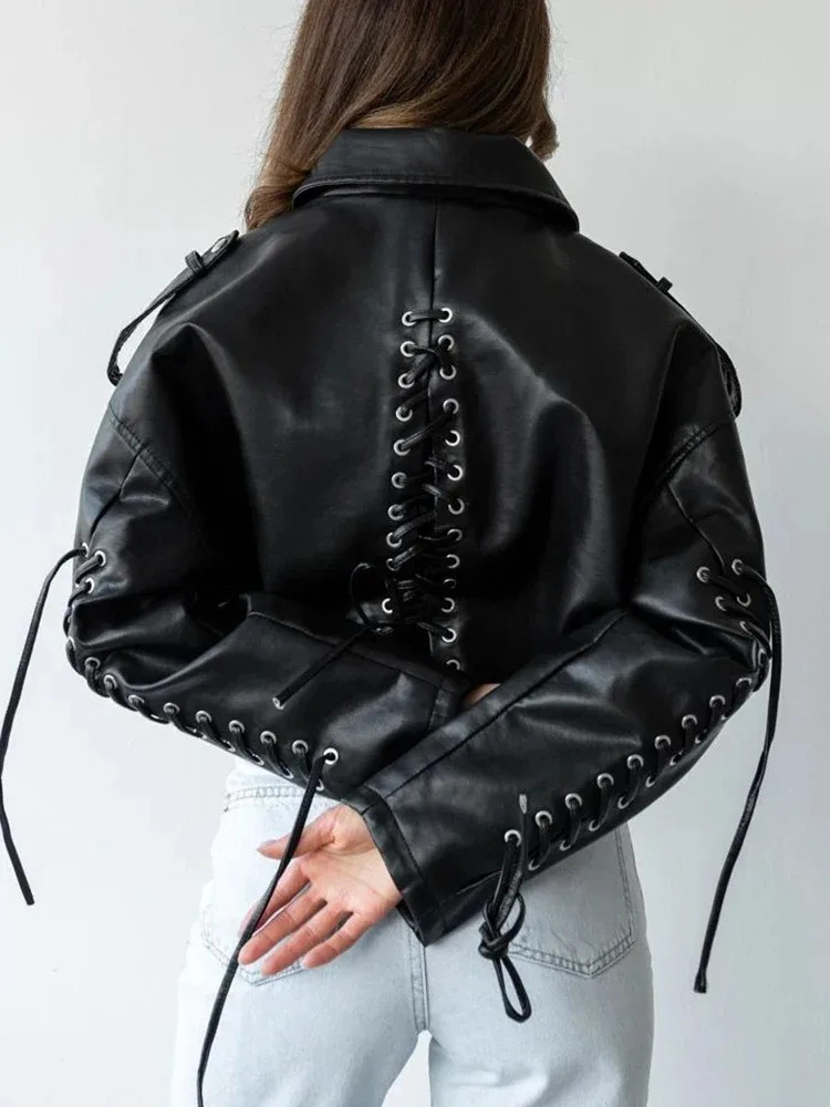 Vintage Bomber Jacket Women Lace Up Faux Leather Jacket Gothic Water Washed Streewear Coat Spring Autumn Women Clothing 240715