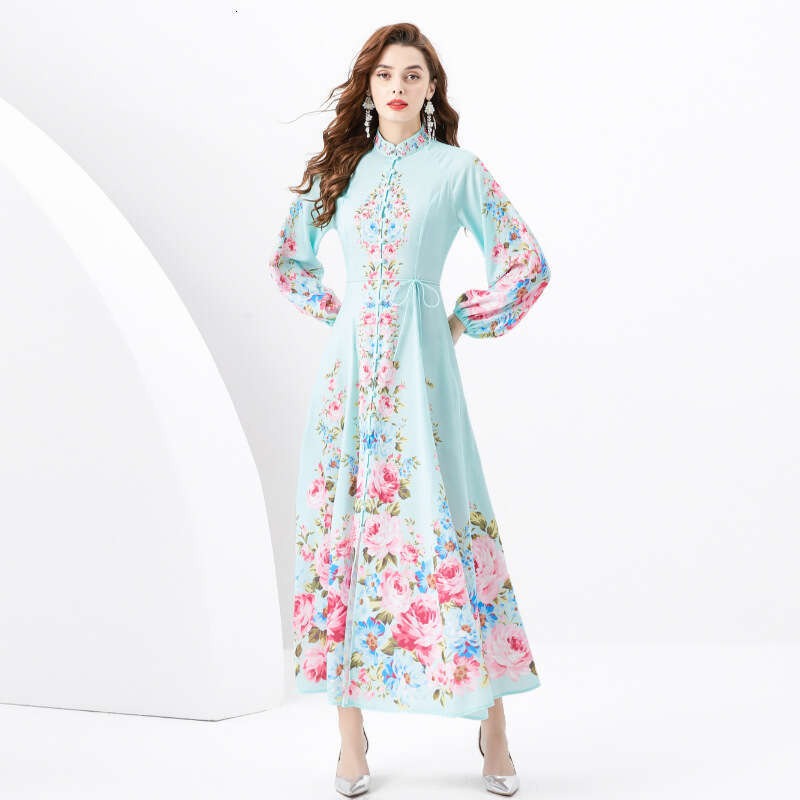 Spring/summer 2024- Vacation Style Stand Up Collar Single Breasted Diagonal Cut Printed Wide Hem Long Dress Loose Self-cultivation Pregnant Womens Dre