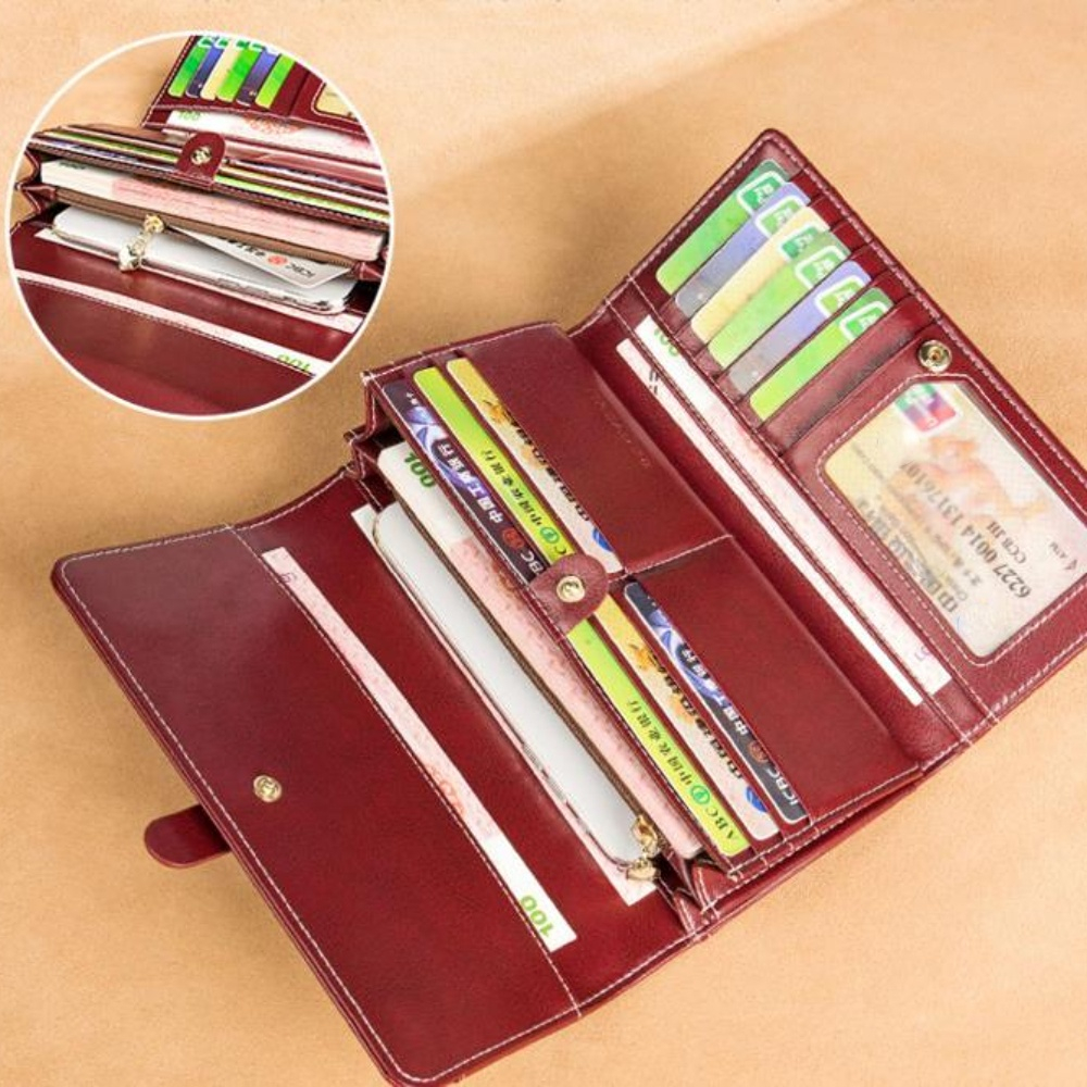 Vintage Style Large Capacity Genuine Leather Wallet for Women, Retro Oil Wax Cowhide Design